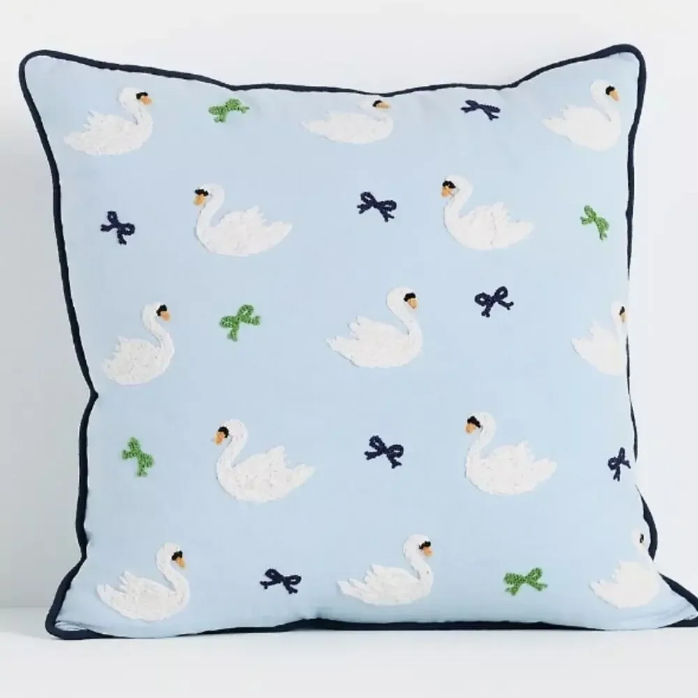 Anthropologie Pale Blue Swan Motif Decorative Pillow with Navy Piping